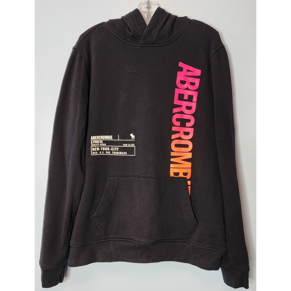 Abercrombie Kids Black Hoodie Neon Pink Logo Graphic Print Pullover‎ Size 15 16